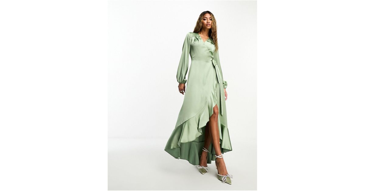 Flounce London Long Sleeve Wrap Maxi Dress in Green | Lyst