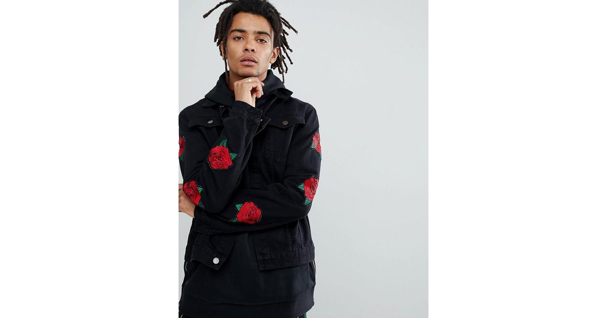 Criminal Damage Denim Jacket In Black With Roses for Men - Lyst