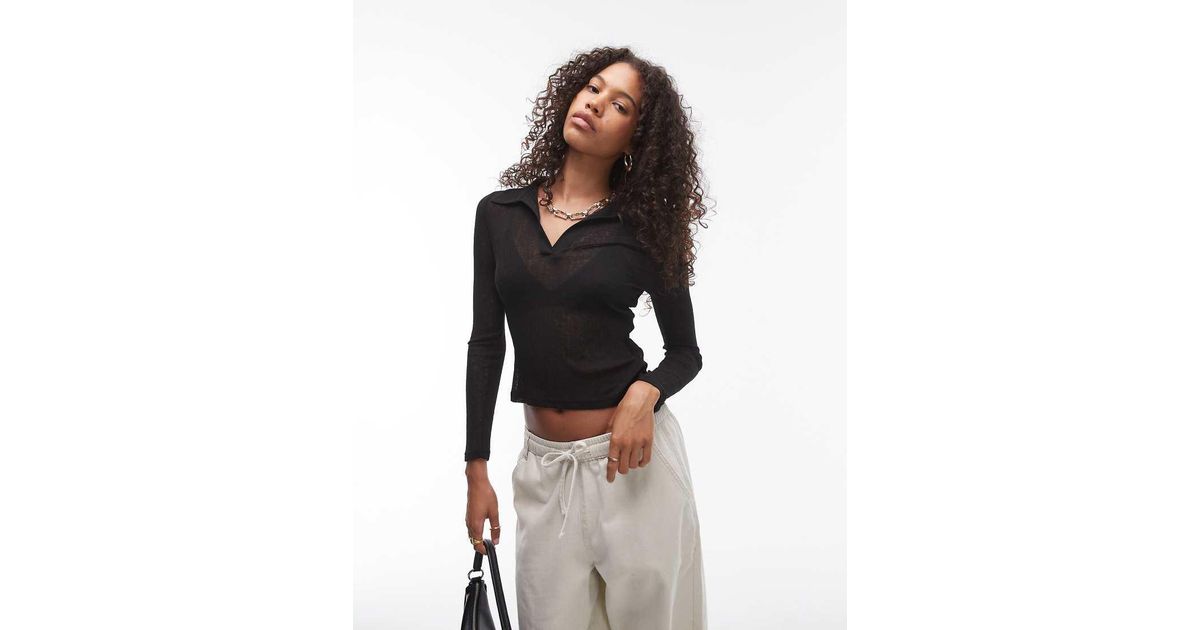 TOPSHOP Sheer Polo Long Sleeve in Black Lyst UK