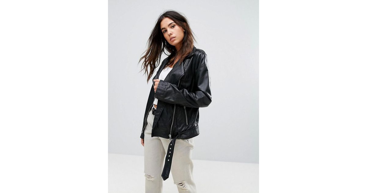 Barney S Originals Black Belted Leather Asymmetric Biker Jacket