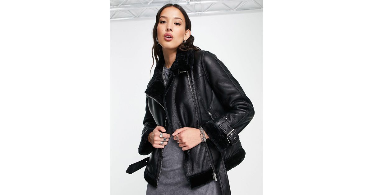 Synthetic Faux Leather Shearling Aviator Biker Jacket in Black