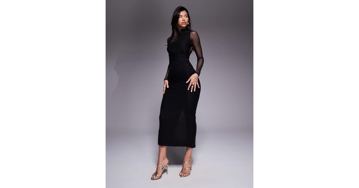 ASOS Mesh Long Sleeve Twist Bust Detail Halter Maxi Dress in Blue | Lyst