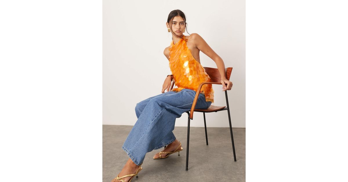 ASOS Embellished Shard Sequin Longline Halter Neck Top in Blue Lyst