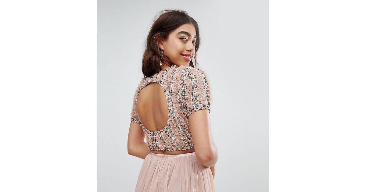 ingeniørarbejde fortryde markedsføring LACE & BEADS Cropped Top With Ruffle Embellishment And Open Back Two-piece  in Natural | Lyst Australia