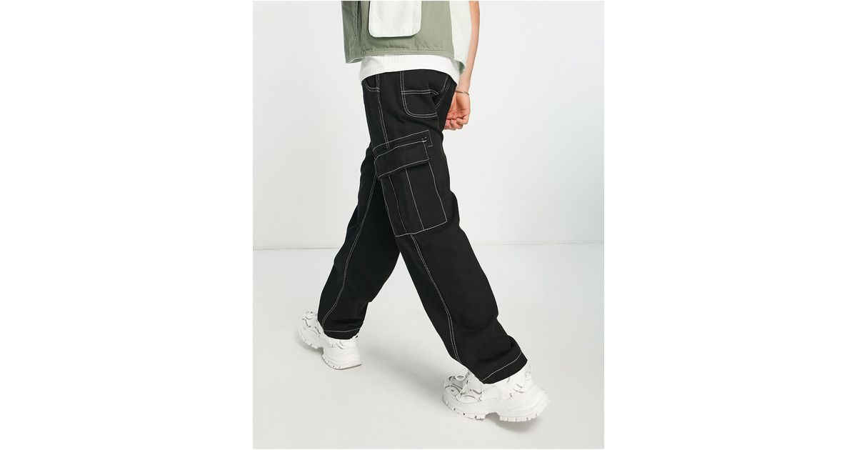 Bershka Contrast Stitch Wide Fit Cargo Pants in Black for Men Lyst Canada