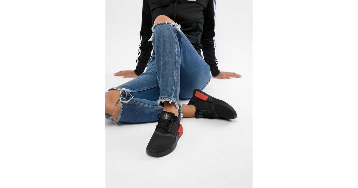 adidas originals nmd r1 trainers in black with red heel block