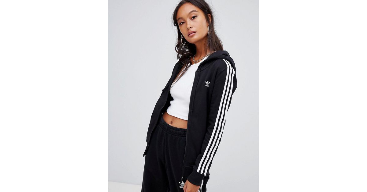 adidas originals three stripe zip thru hoodie in black