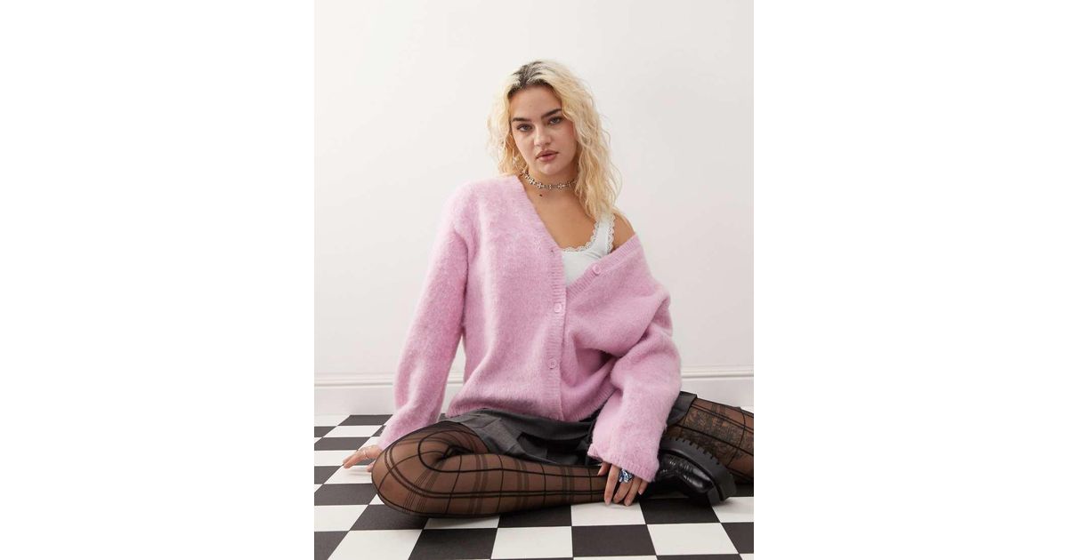 Monki Fluffy Yarn Knitted Cardigan With V Neck in Pink Lyst UK