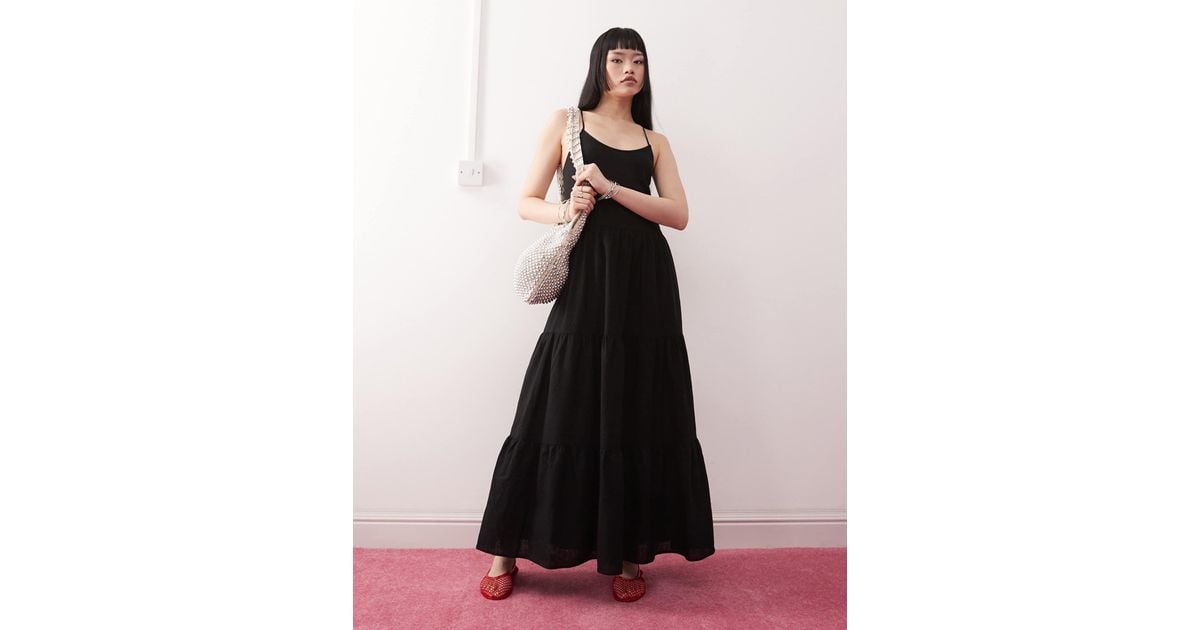 Monki Linen Tiered Midaxi Dress in Black | Lyst