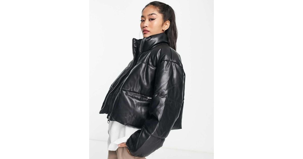 Pull And Bear Black Leather Puffer Pull And Bear High Collar