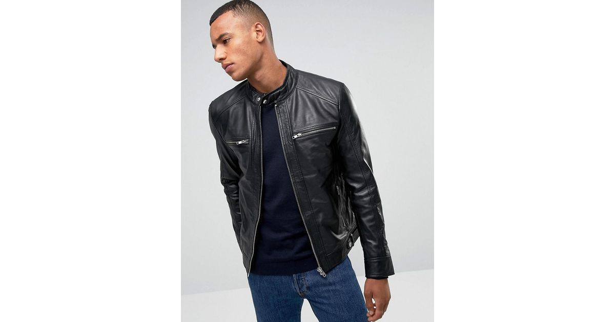 Barney S Originals Black Real Leather Four Pocket Jacket For Men