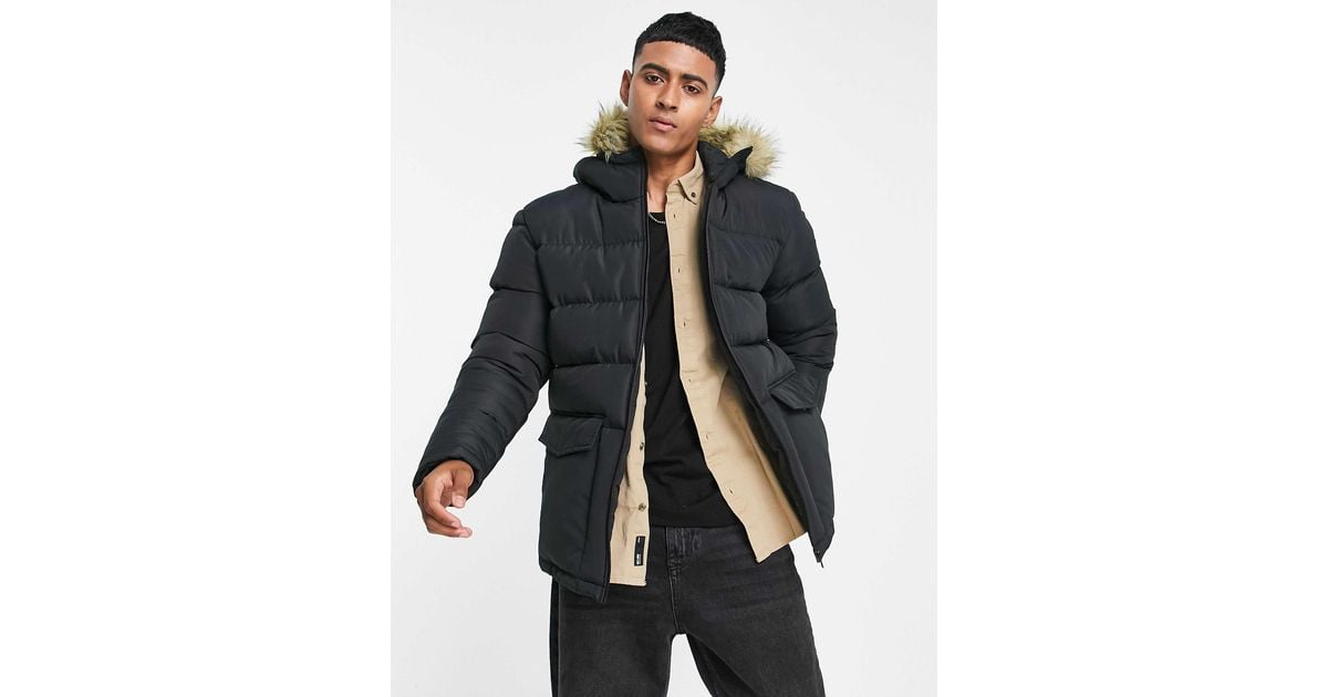 French Connection Padded Parka Jacket With Faux Fur Hood in Blue for Men Lyst