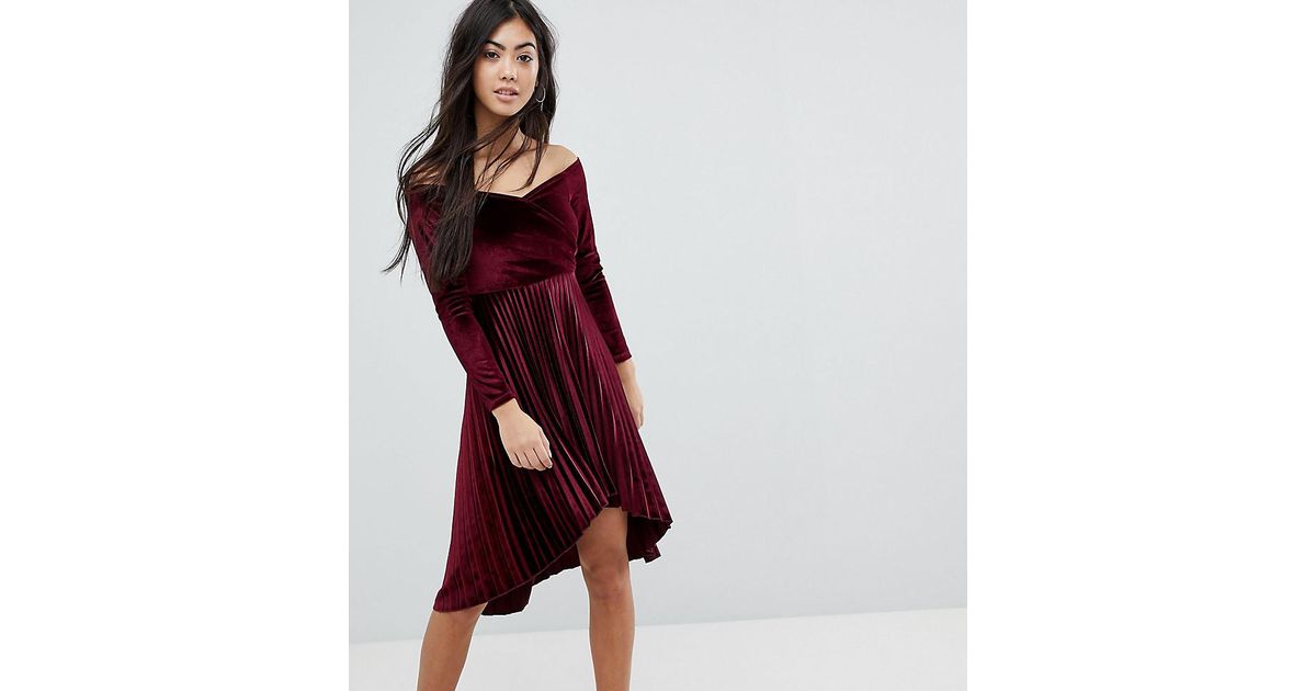 asos design pleated velvet bardot midi dress