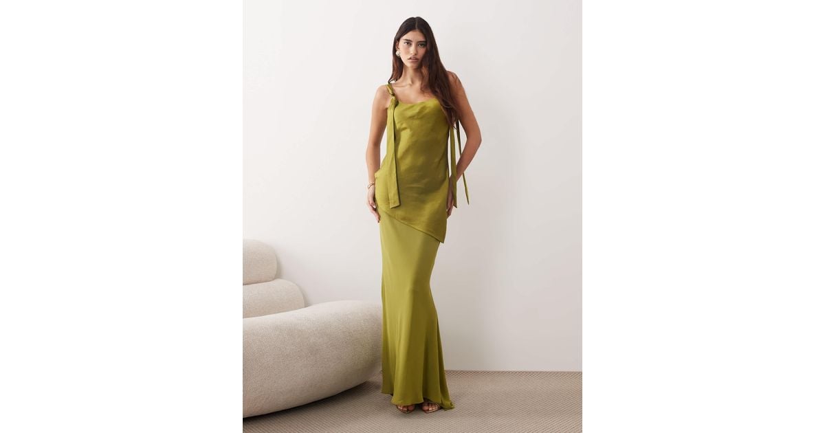 green tie shoulder dress El Beige Print One Shoulder Dress S