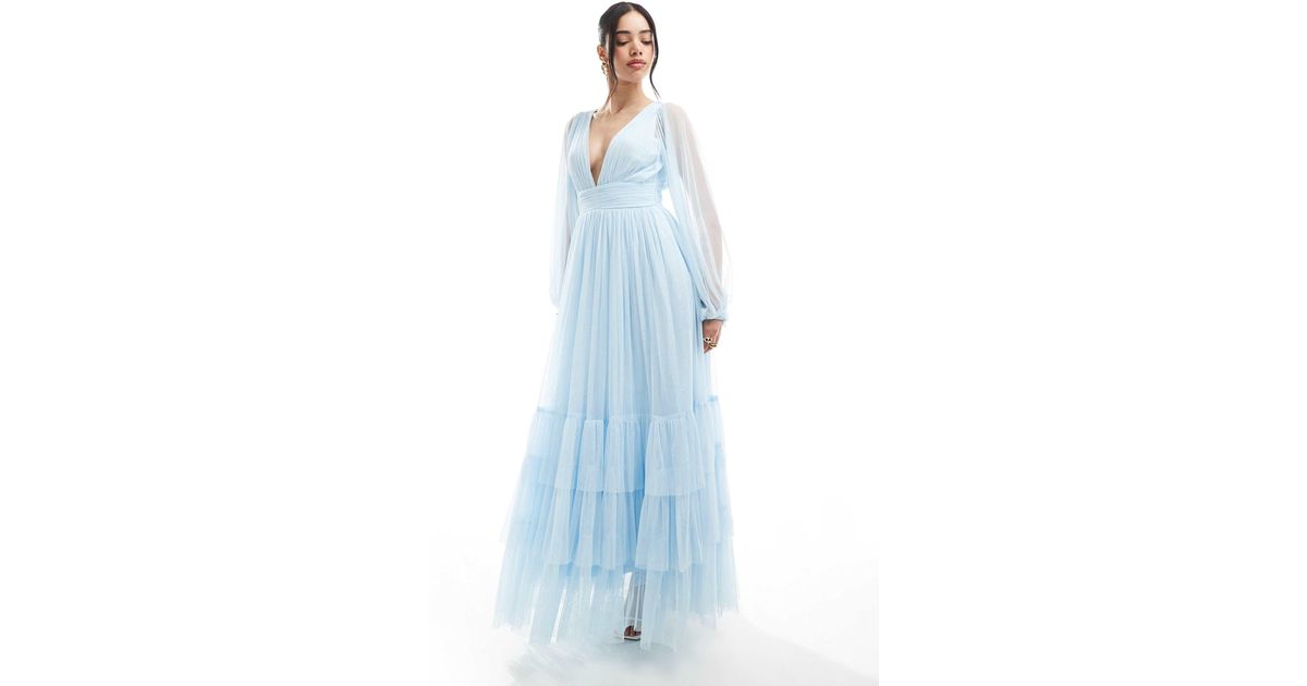 LACE & BEADS Bridesmaid Madison Long Sleeve Maxi Dress in Blue | Lyst