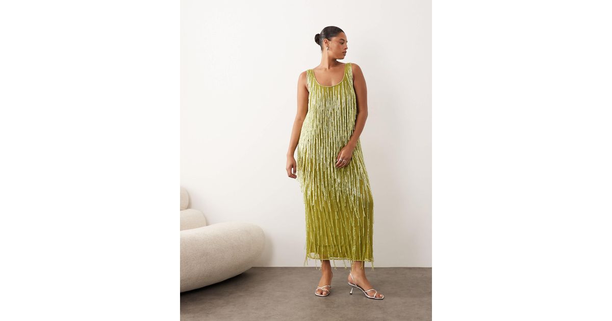 ARRANGE Curve Beaded Fringe Scoop Neck Maxi Dress in Natural | Lyst