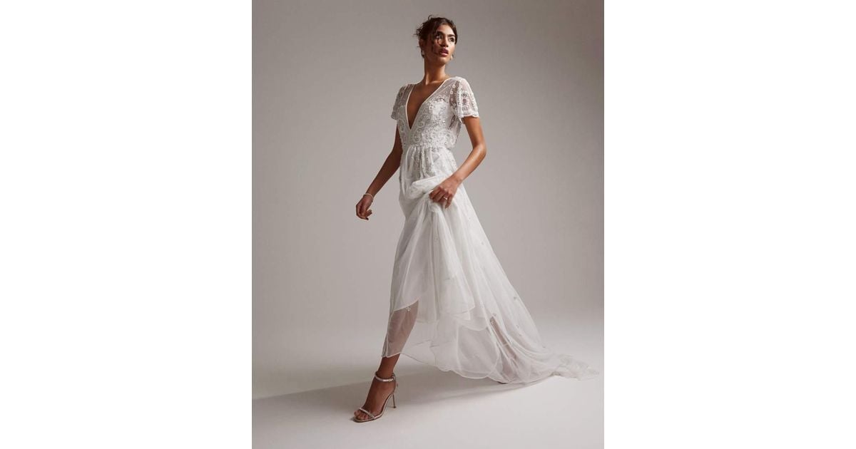 ASOS Frankie Beaded Mesh Plunge Cap Sleeve Wedding Dress In
