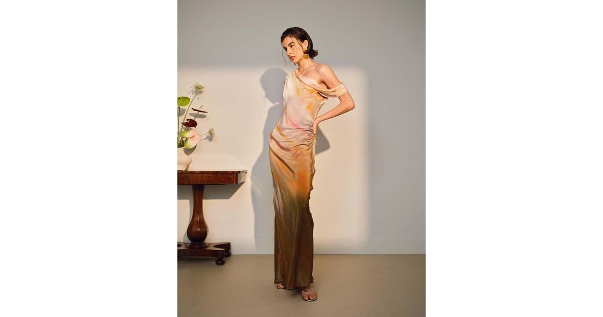 TOPSHOP Drape Neck Off Shoulder Maxi Occasion Dress in Natural