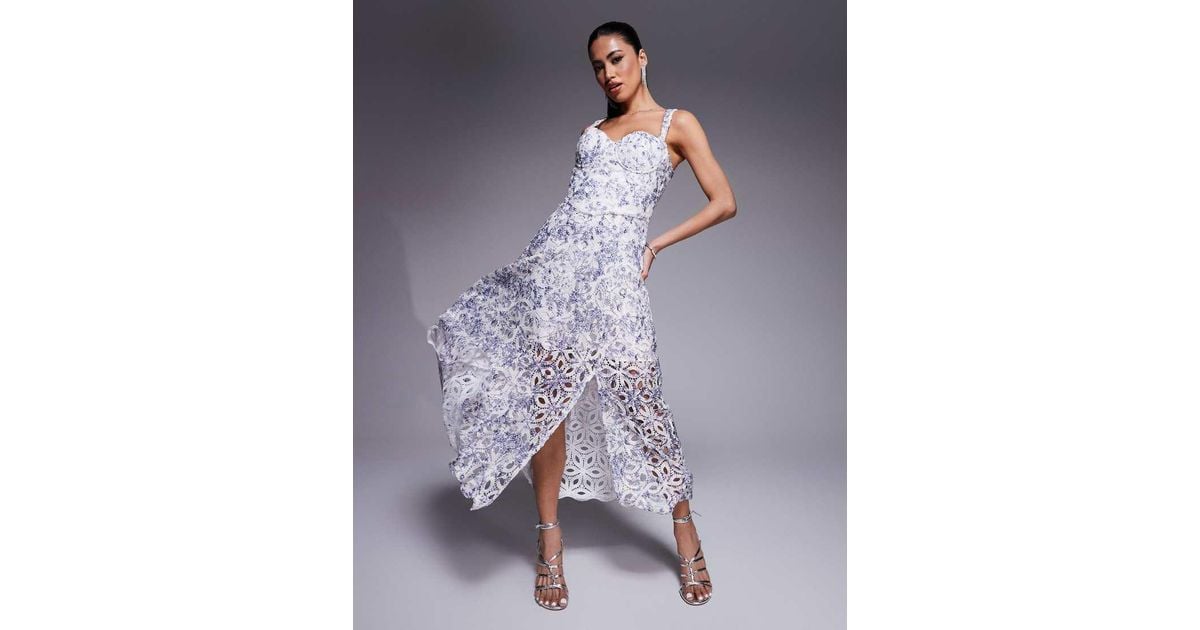 Lavish Alice Sequin Broiderie Anglais A-Line Midi Dress in Blue