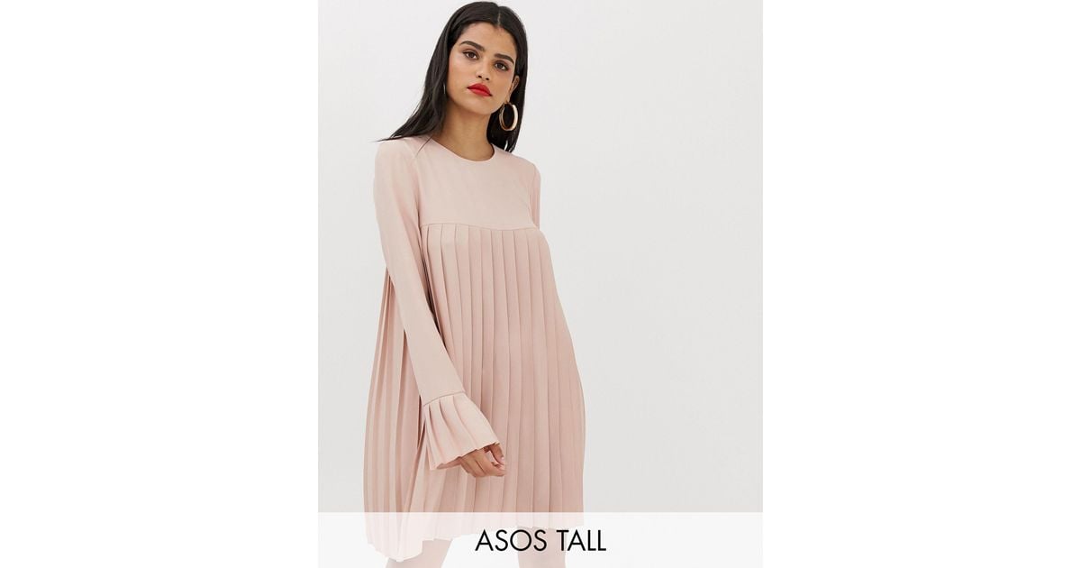 ASOS Asos Design Tall Pleated Trapeze Mini Dress With Long Sleeves in Pink | Lyst