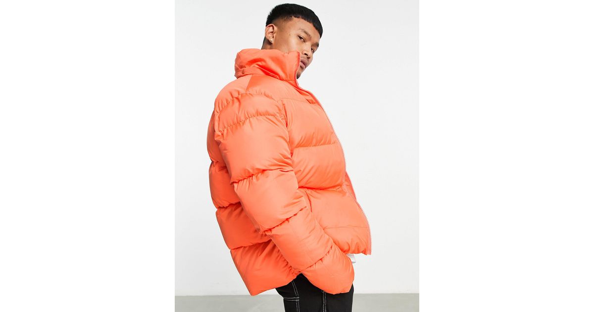 ASOS Synthetic Puffer Jacket With Detachable Hood in Orange for Men Lyst