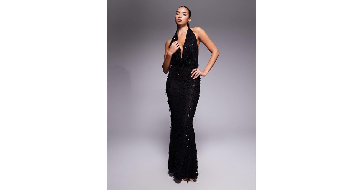 Murci Exclusive Halterneck Plunge Cowl Neck Open Back Fishtail Maxi Dress  in Blue | Lyst