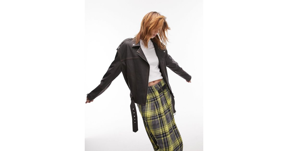 Faux Leather Boxy Washed Biker Jacket With Contrast Stitch