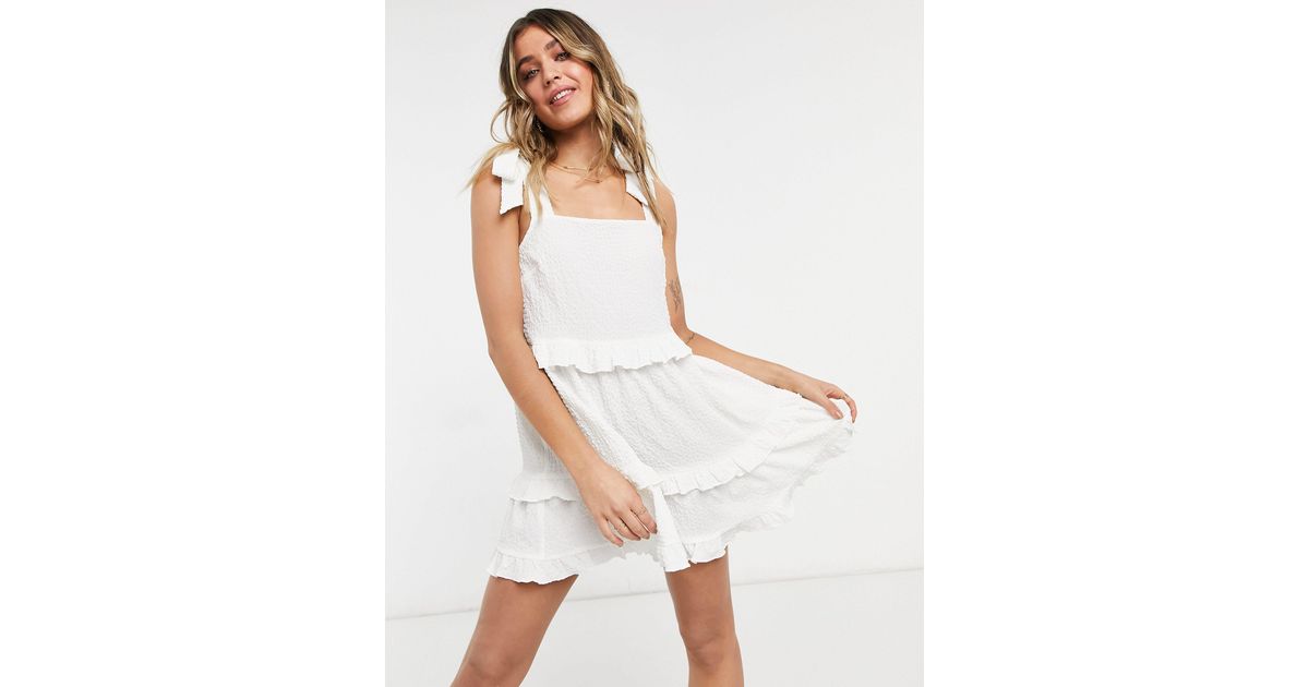 ASOS Textured Ruffle Swing Mini Sundress With Tie Straps in White Lyst