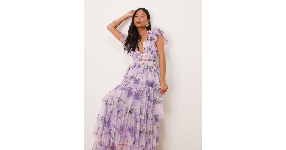 LACE & BEADS Ruffle Shoulder Tiered Tulle Maxi Dress in Purple | Lyst