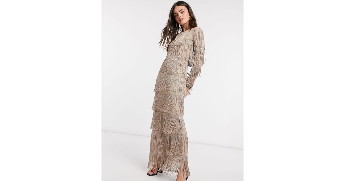 Vestito lungo a colonna a maniche lunghe con frange grigio pietra di