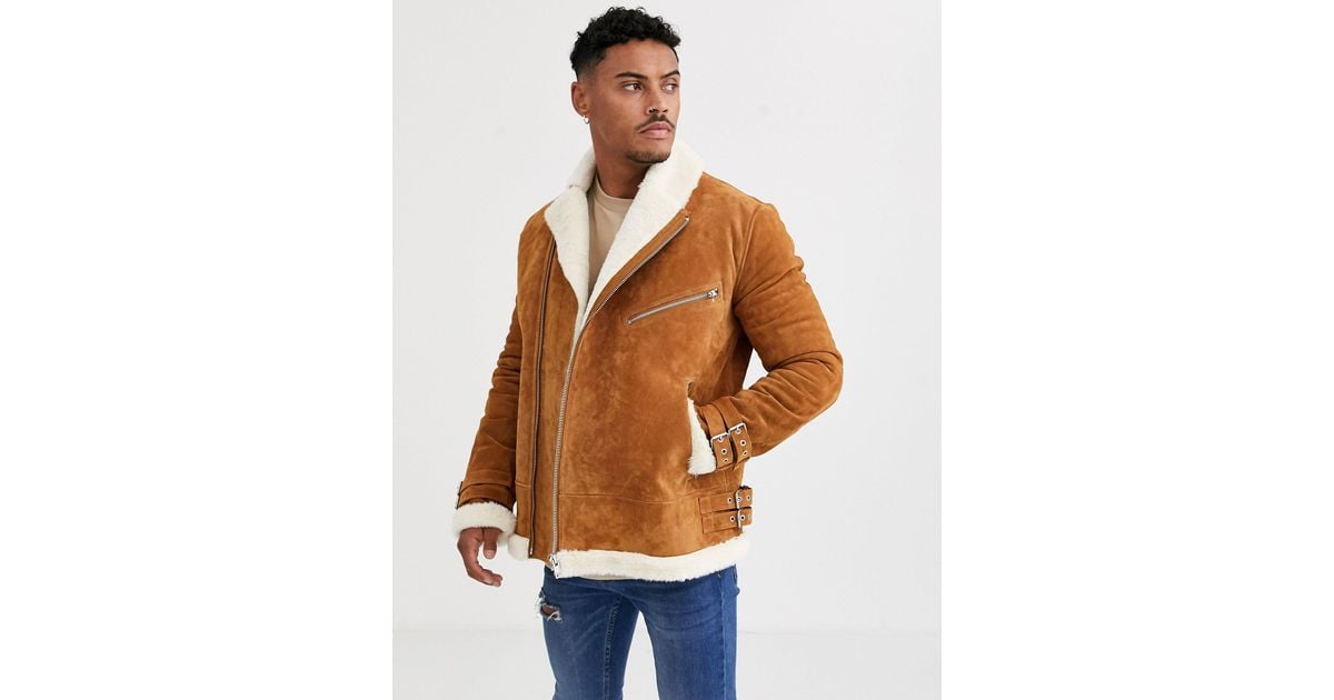 ASOS Suede Aviator Jacket With Faux Fur Lining in Brown for Men