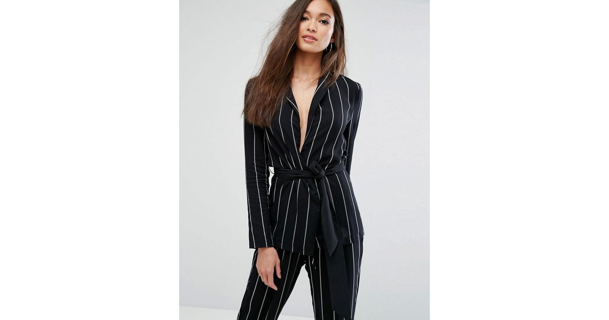 Prettylittlething Pinstripe Belted Blazer In Black Lyst