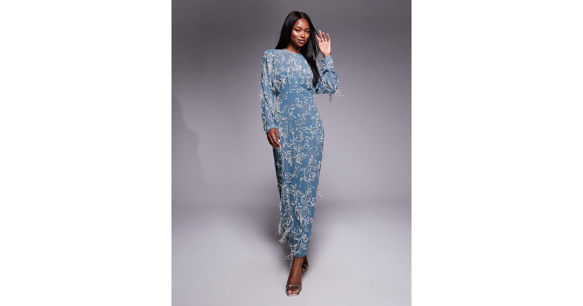ASOS Long Sleeve All Over Fringe Embellished Maxi Dress in Blue | Lyst