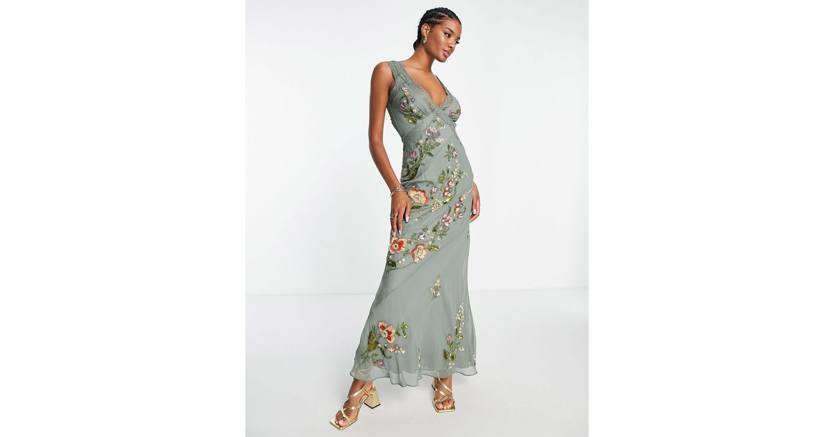 ASOS Lace Trimmed Maxi Dress With Floral Embellishment in Green Lyst