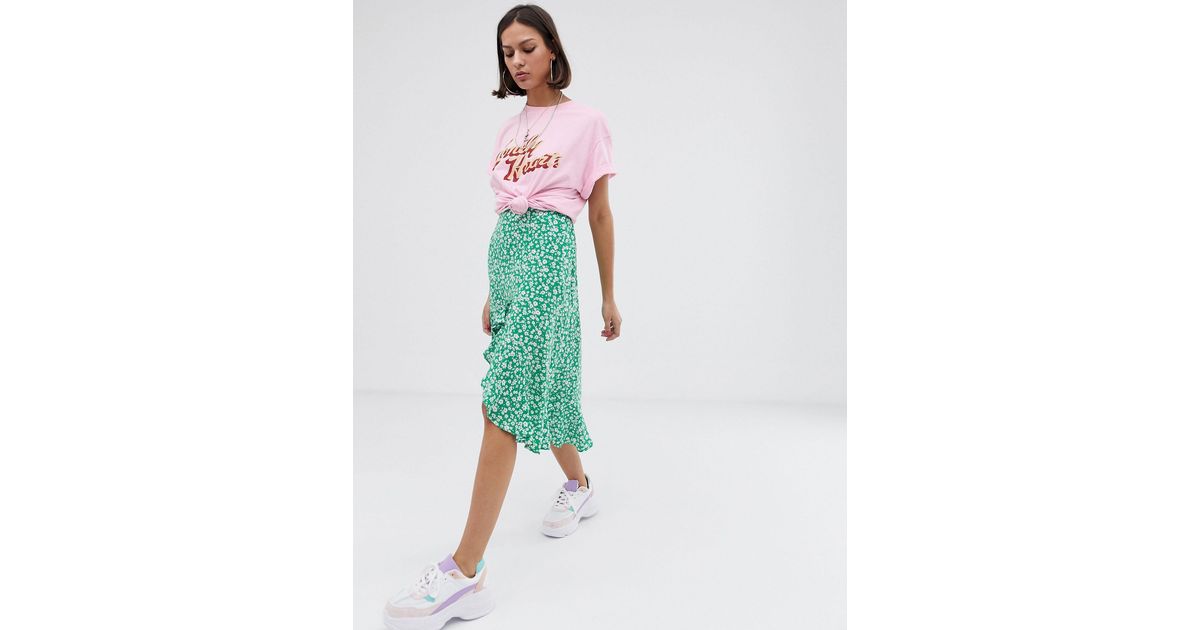 Bershka Denim Ditsy Floral Asymmetric Skirt in Green Lyst