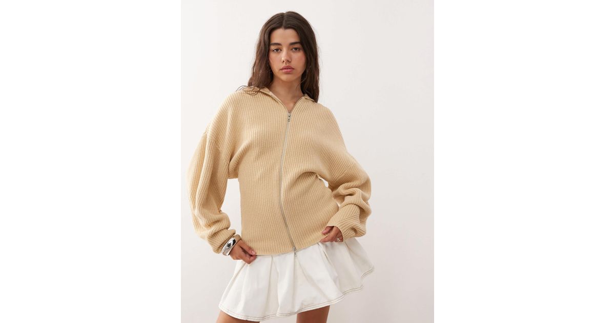 Monki 05913267 Monki Knitted Hooded Jumper Double Zip And Cinched Waist Detail in ...