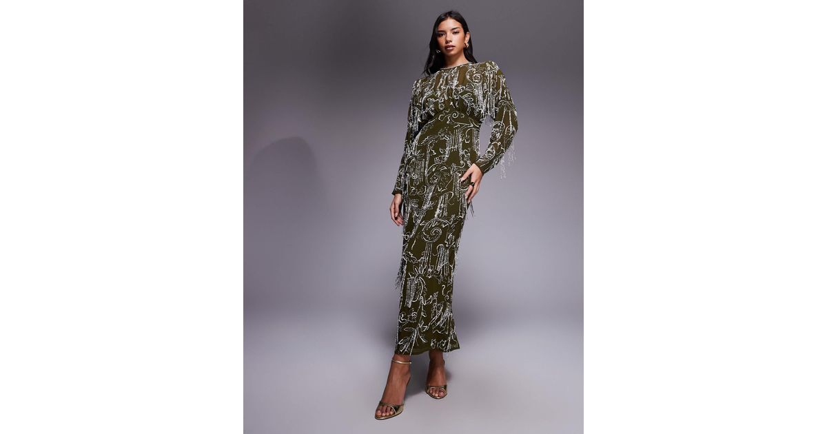 ASOS Long Sleeve All Over Fringe Embellished Maxi Dress in Green | Lyst