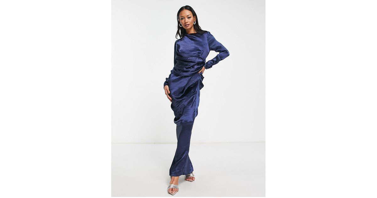 ASOS Satin High Drape Neck Maxi With Long Sleeves in Blue | Lyst