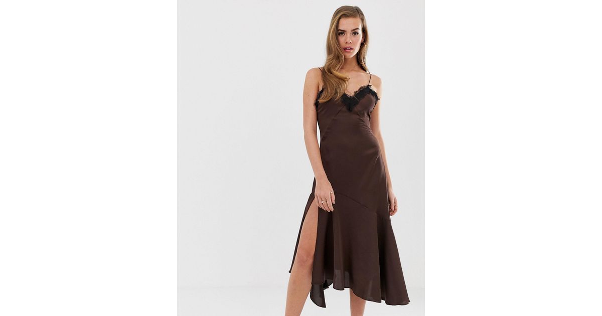 Boohoo Lace Trim Satin Slip Dress in Brown | Lyst UK