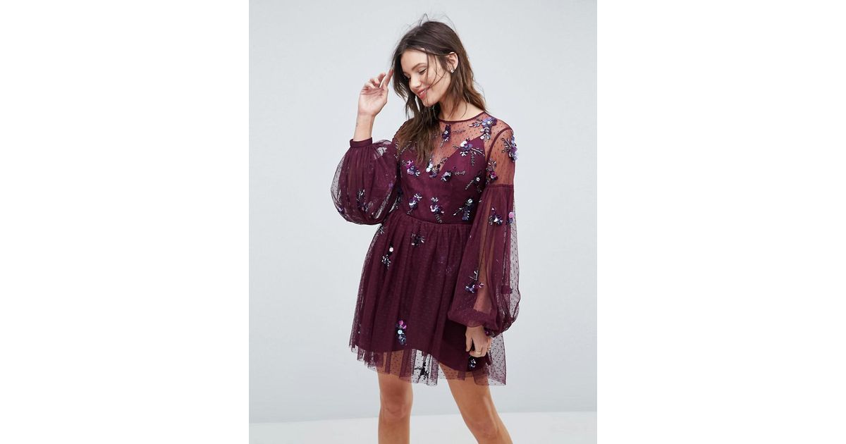 asos floral cluster embellished balloon sleeve mini dress