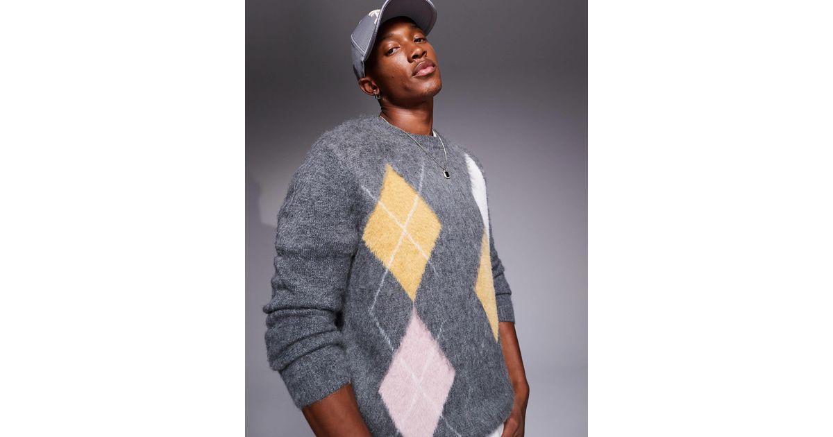ASOS Knitted Crew Neck Jumper With Argyle Pattern in Gray for Men | Lyst