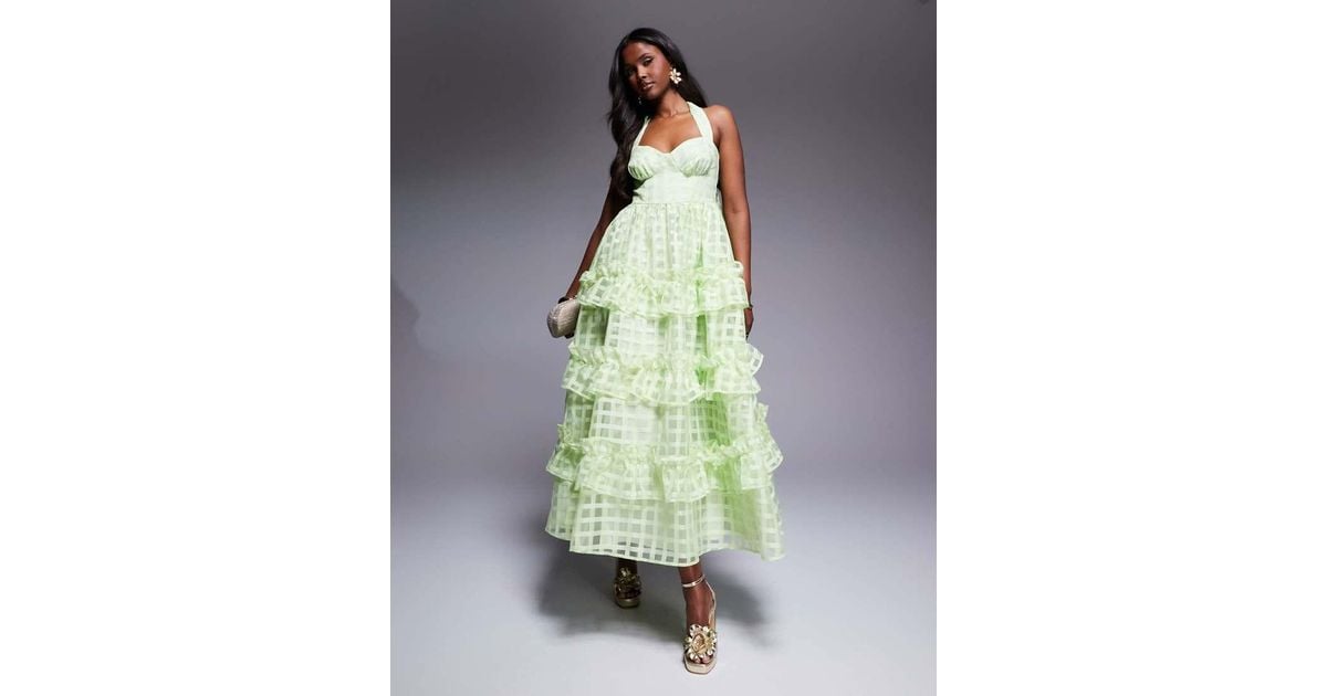 ASOS Textured Organza Check Halter Maxi Dress in Green | Lyst UK
