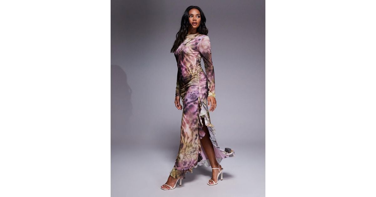 ASOS Mesh Long Sleeve Frill Detail A Line Maxi Dress in Purple | Lyst