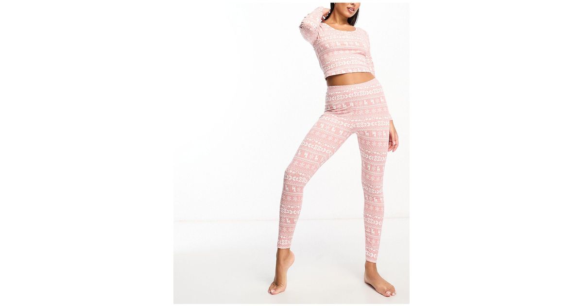 ASOS DESIGN Petite Christmas fairisle glam long sleeve top & legging pajama  set in pink
