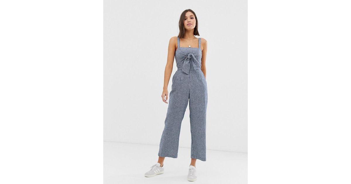Cotton Jumpsuit With Tie Front in Blue 