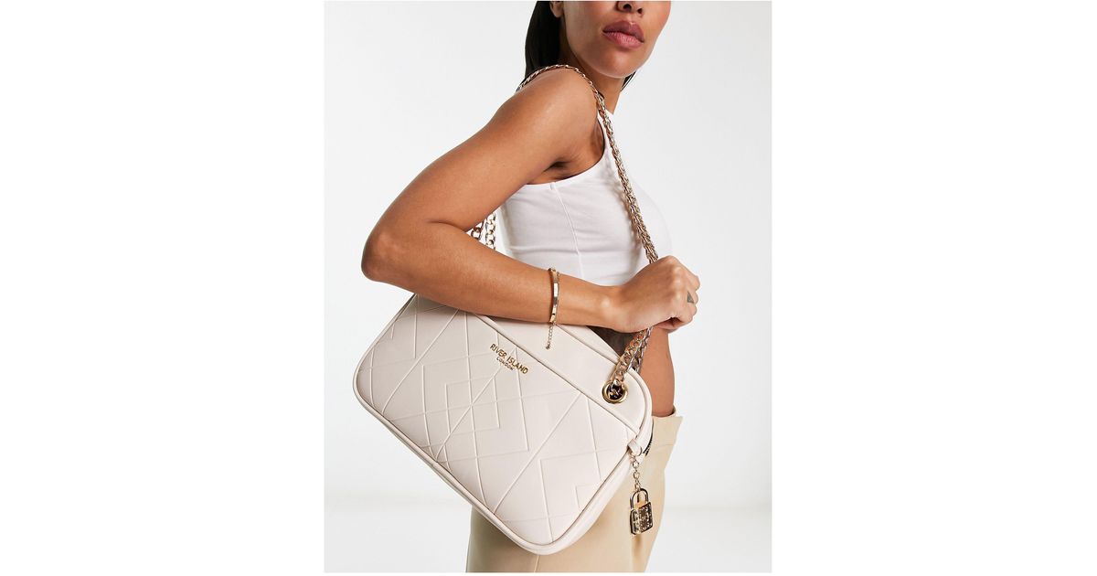 River Island Quilted Cross Body Bag With Chain Strap in White | Lyst