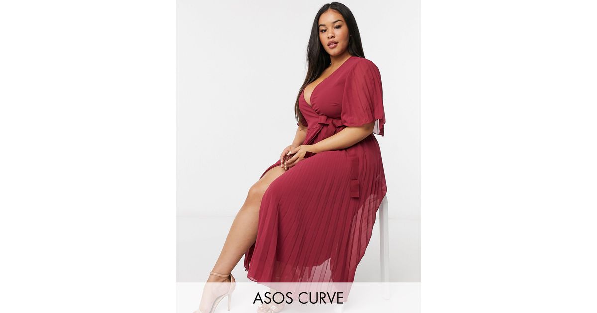 ASOS Asos Design Curve Exclusive Pleated Midi Dress With Kimono Sleeve And  Tie Waist in Red | Lyst