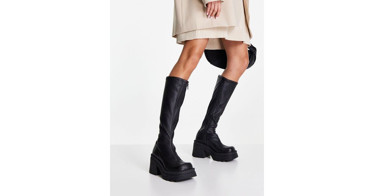 TOPSHOP Theo Premium Leather Chunky Heeled Sock Knee High Boots in