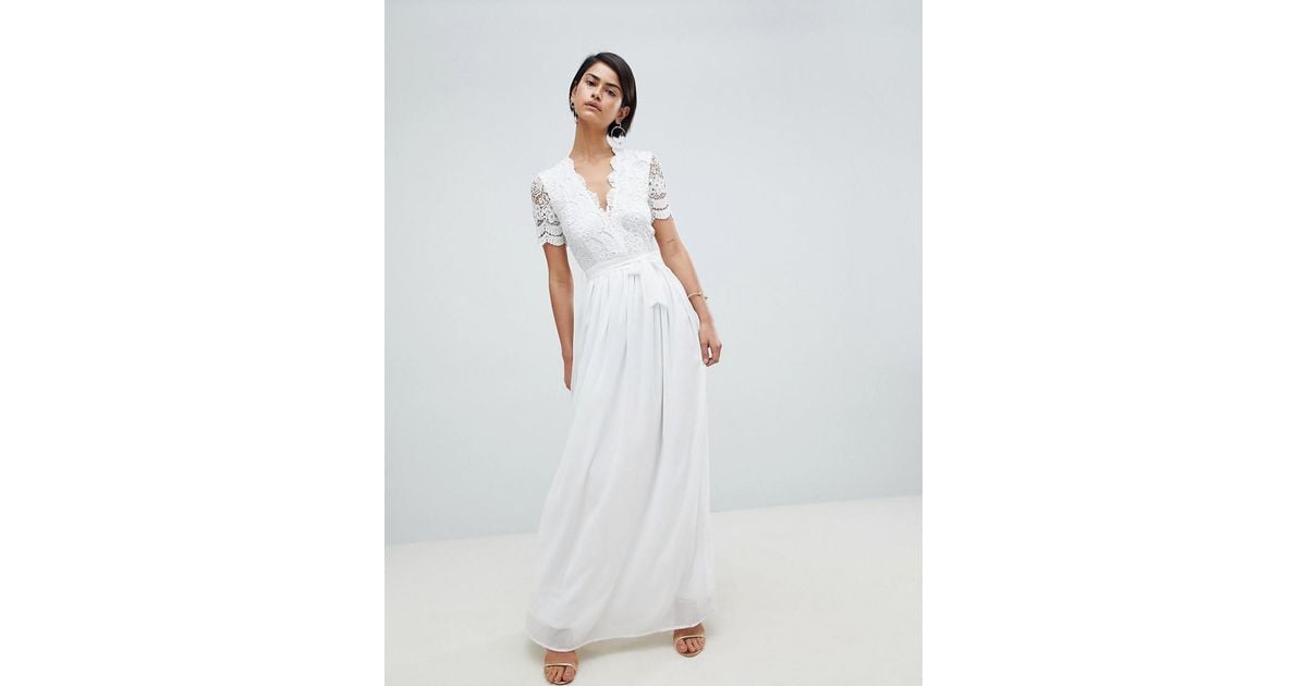 Club L Short Sleeve Crochet Lace Maxi Dress With V Neck in White