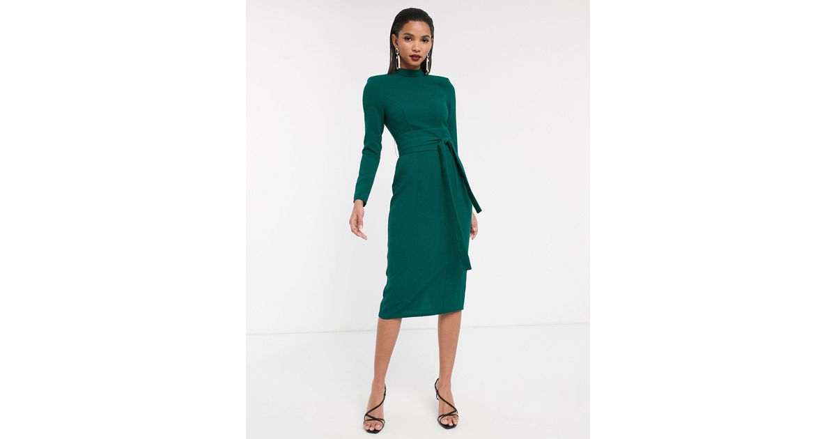 asos design long sleeve midi dress with obi belt